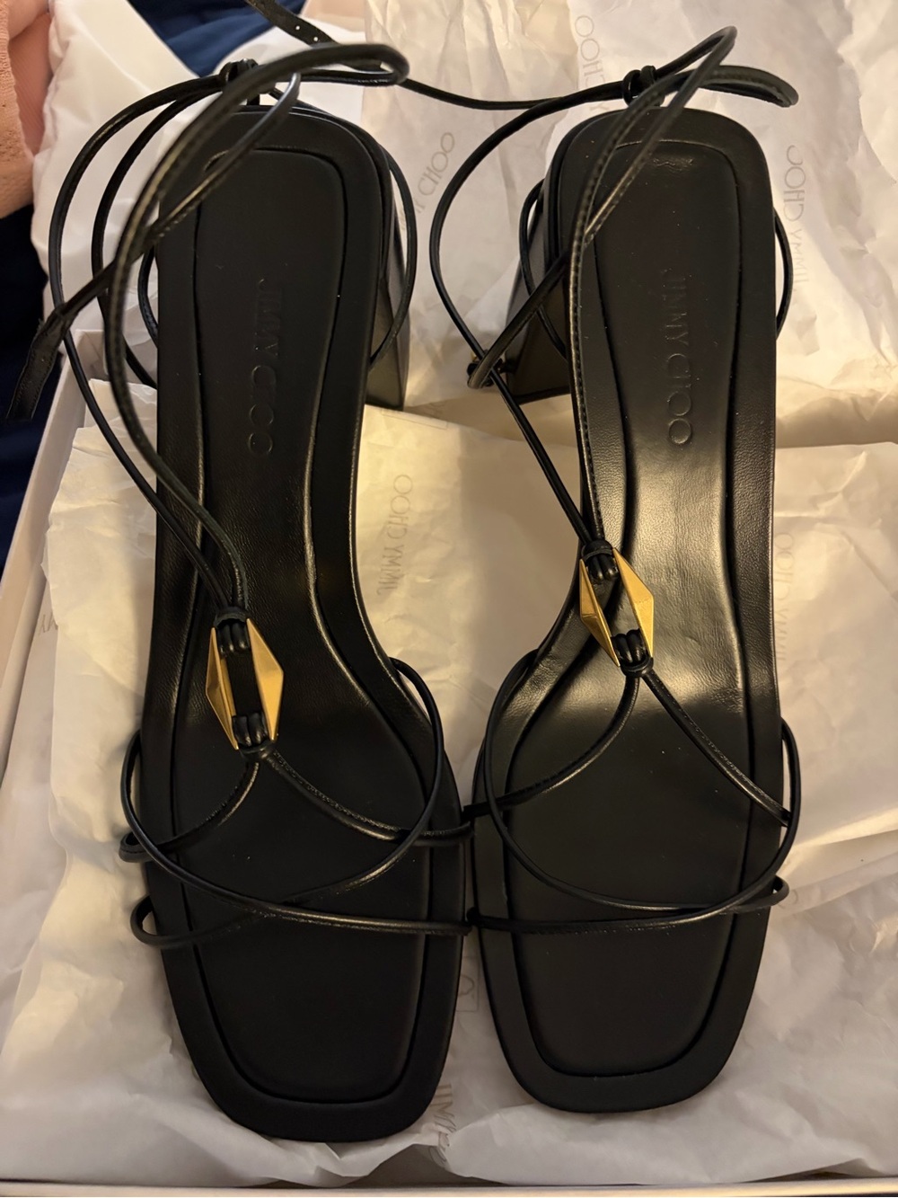 Jimmy Choo Black Leather Lace-Up Heeled Sandals with Gold Accent